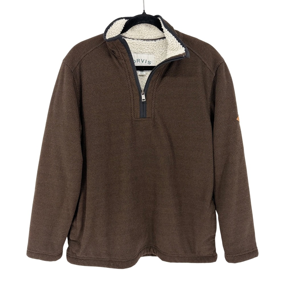 Orvis Pullover Waffle Knit Sherpa Lined Medium Brown Quarter Zip Outdoor Sweater